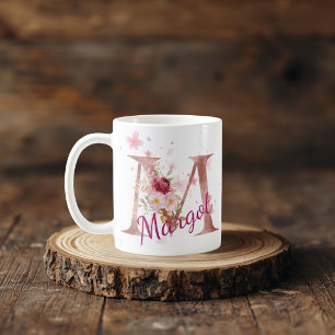 De Café Caneca com Floral Personalizada Inicial – Letra M