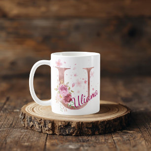 De Café Caneca com Floral Personalizada Inicial – Letra U