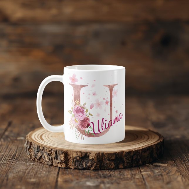 De Café Caneca com Floral Personalizada Inicial – Letra U (Criador carregado)
