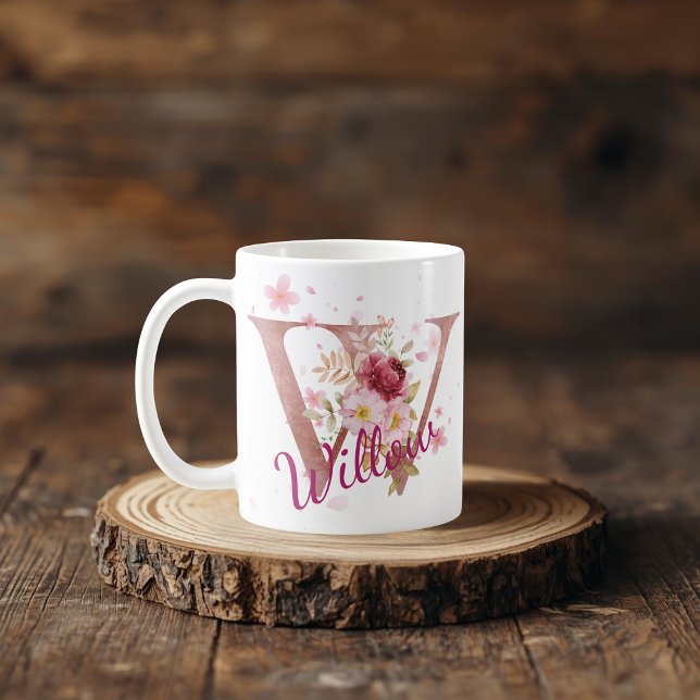 De Café Caneca com Floral Personalizada Inicial – Letra W (Criador carregado)