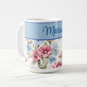 De Café Caneca com Flores e Pontos Rosa e Azul Céu