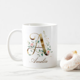 De Café Caneca com Letra A em Floral Dourada Personalizada