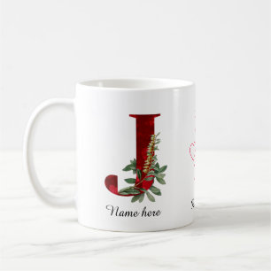 De Café Caneca com Letra Inicial J Floral Coração Vermelho