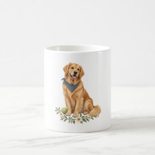 De Café Caneca com Retriever Dourado e Bandana Azul e Bola