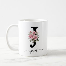 De Café Caneca com Rosas Cor-de-Rosa Flor Floral Monograma