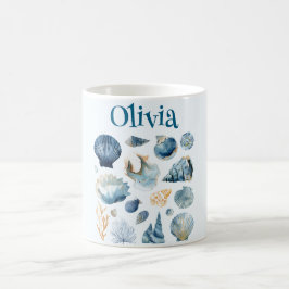 De Café Caneca Conchas Azuis | Nome Personalizado