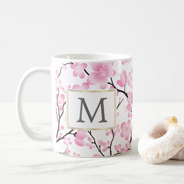 De Café caneca customizável da inicial branca cor-de-rosa (Com Donut)