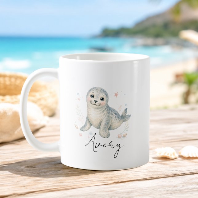 De Café Caneca do Bebê Foca do Oceano com Nome Personaliza (Custom Name Script Font Ocean Baby Seal Mug)