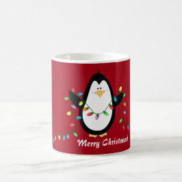 De Café Caneca do feriado do pinguim das luzes do Feliz