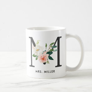 De Café Caneca do monograma, monograma floral M, presente