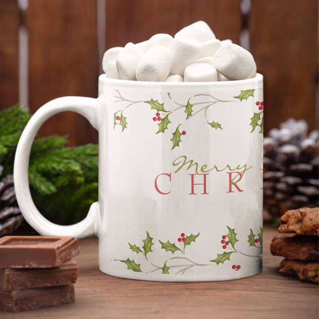 De Café Caneca Editável Holiday Holly (Merry Christmas Red Holly Coffee Mug)