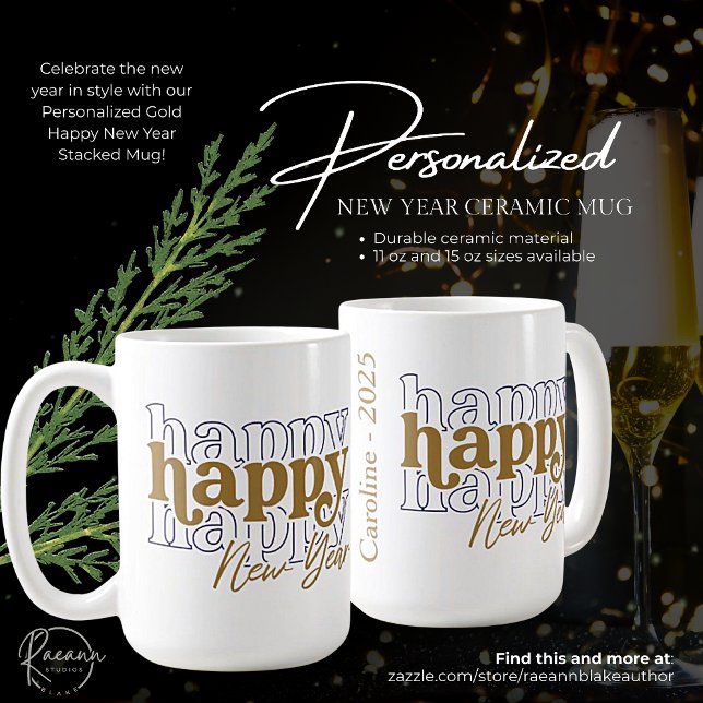 De Café Caneca Empilhada Feliz Ano Novo Ouro Personalizada (Criador carregado)