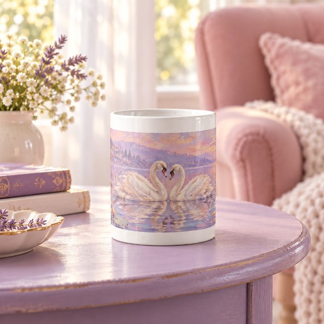 De Café Caneca Fauna Pastel Sonho Lago dos Cisnes (Classic white 11 oz ceramic mug with white interior and handle. Styled scene; props not included.)
