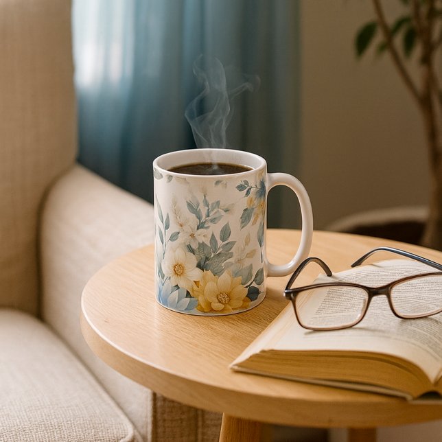 De Café Caneca Floral Azul Dália Pastel Suave (Pastel floral mug with steam, book, and glasses perfect for cozy mornings in a sunlit reading nook)