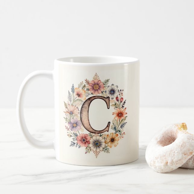 De Café Caneca floral boho Flor C inicial  (Com Donut)
