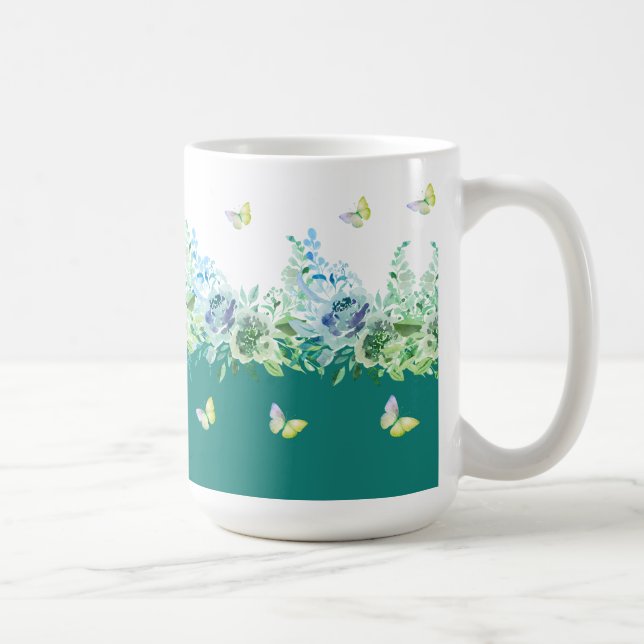 De Café Caneca Floral Borboletas Verde Água (Direita)