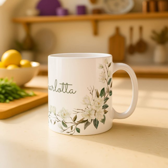 De Café Caneca Floral Branca Personalizada, Nome Personali (Criador carregado)