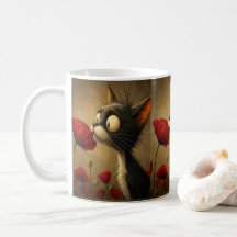 Caneca Floral Gato Preto e Branco Flor Vermelha