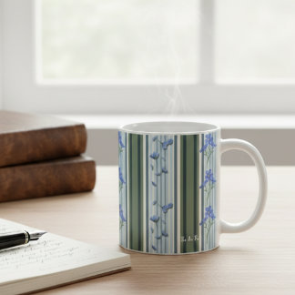De Café Caneca Floral Listrada em Azul Pó e Turquesa
