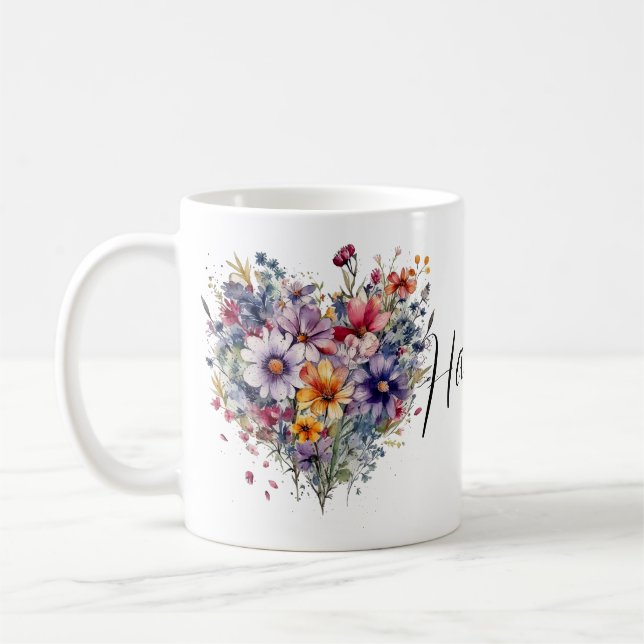 De Café Caneca floral personalizada com nome e flor (Esquerda)