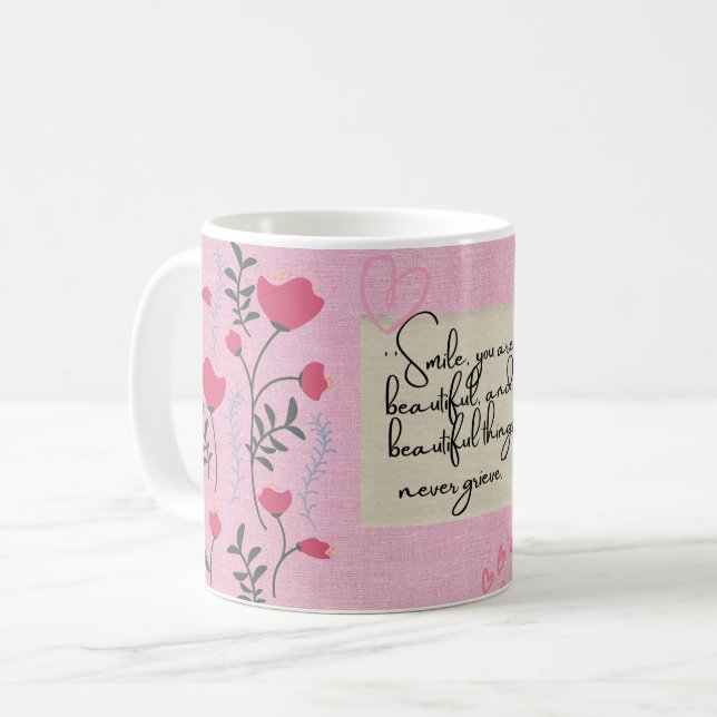 De Café Caneca Floral Rosa Feminina | "Sorria, você é lind (Frente Esquerda)