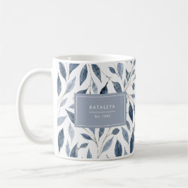 De Café Caneca Folha Azul Elegante com Nome Personalizado