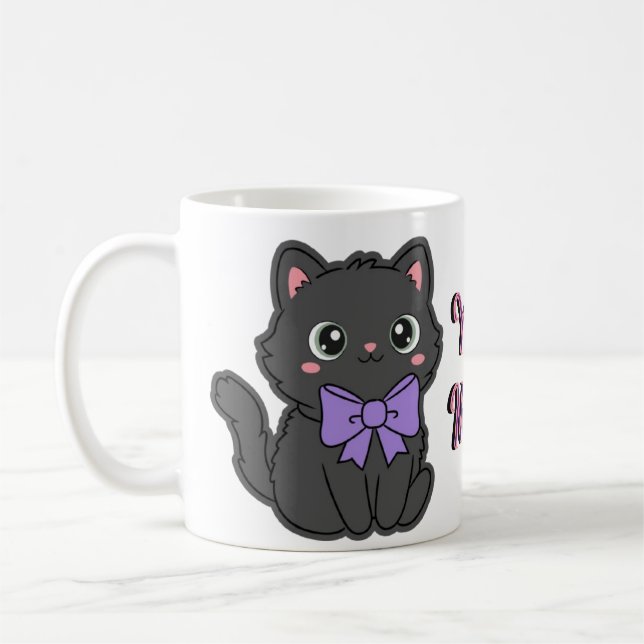 De Café Caneca Gatinho Cinza Fofo Kawaii com Laço Roxo Gra (Esquerda)
