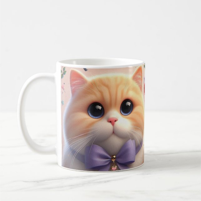 De Café Caneca Gato Fofo com Laço Roxo (Esquerda)
