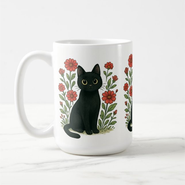 De Café Caneca Gato Preto & Flores Vermelhas (Esquerda)