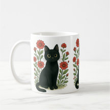 Caneca Gato Preto & Flores Vermelhas