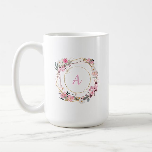 De Café Caneca Geométrica Dourada com Flores Rosa (Esquerda)