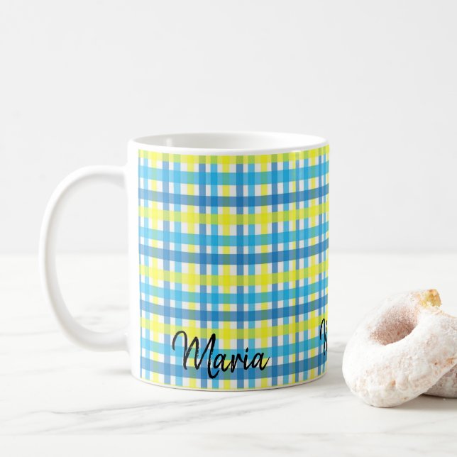 De Café Caneca Listra Azul Amarelo (Com Donut)