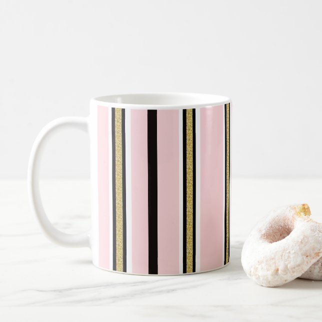 De Café Caneca Listra Preta Dourado Rosa e Branco (Com Donut)