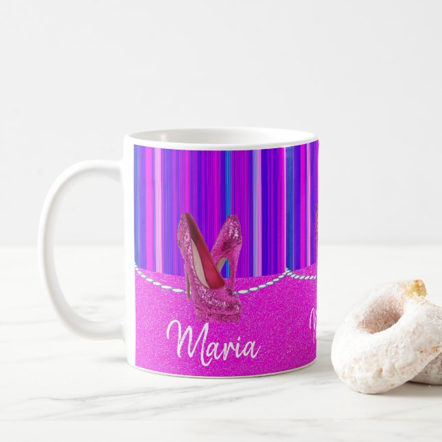 De Café Caneca Listra Rosa Roxo Salto Alto (Com Donut)
