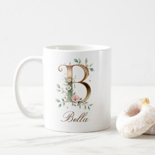 De Café Caneca Monograma Floral Dourada Letra B Elegante