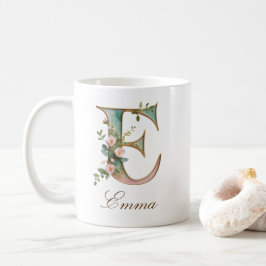 De Café Caneca Monograma Letra E Floral em Ouro Elegante