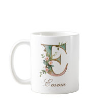 Caneca Monograma Letra E Floral em Ouro Elegante
