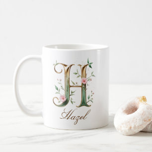 De Café Caneca Monograma Letra H Floral em Ouro Elegante