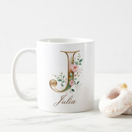 De Café Caneca Monograma Letra J Floral Dourada Elegante