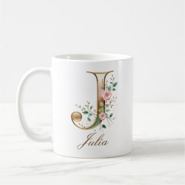 De Café Caneca Monograma Letra J Floral Dourada Elegante