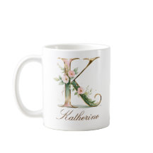 Caneca Monograma Letra K Floral Ouro Elegante