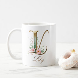 De Café Caneca Monograma Letra L Floral Ouro Elegante