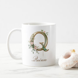 De Café Caneca Monograma Letra Q Floral Dourada Elegante