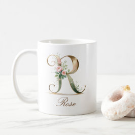 De Café Caneca Monograma Letra R Floral Ouro Elegante