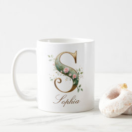 De Café Caneca Monograma Letra S Floral Dourada Elegante