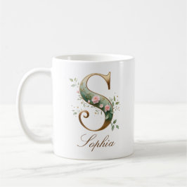 De Café Caneca Monograma Letra S Floral Dourada Elegante