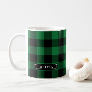 De Café Caneca Monogrammed do teste padrão verde da xadre