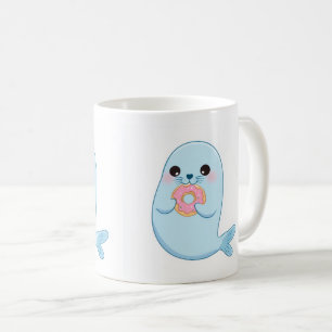 De Café Caneca para Crianças com Foca Azul Fofa e Donut 