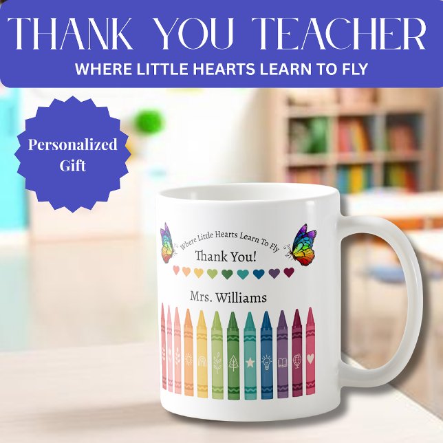 De Café Caneca para Professor - Crayons Hearts e Borboleta (Thank you Teacher Mug- Crayons Hearts and Butterflies  Coffee Mug )