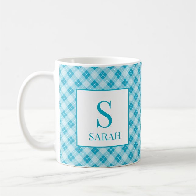 De Café Caneca Personalizada Aqua Blue Argyle Xadrez (Esquerda)